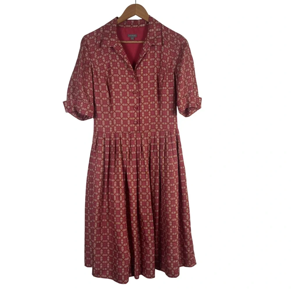 Ann Taylor Womens 8 Pink 100% Silk Feminine Medallion Fit Flare Midi Dress Retro